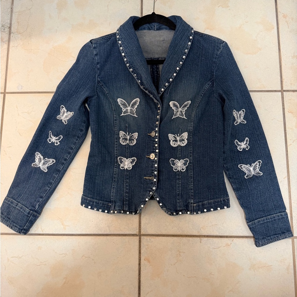 Handmade Embellished Butterfly Jean Jacket - Picture 2 of 4